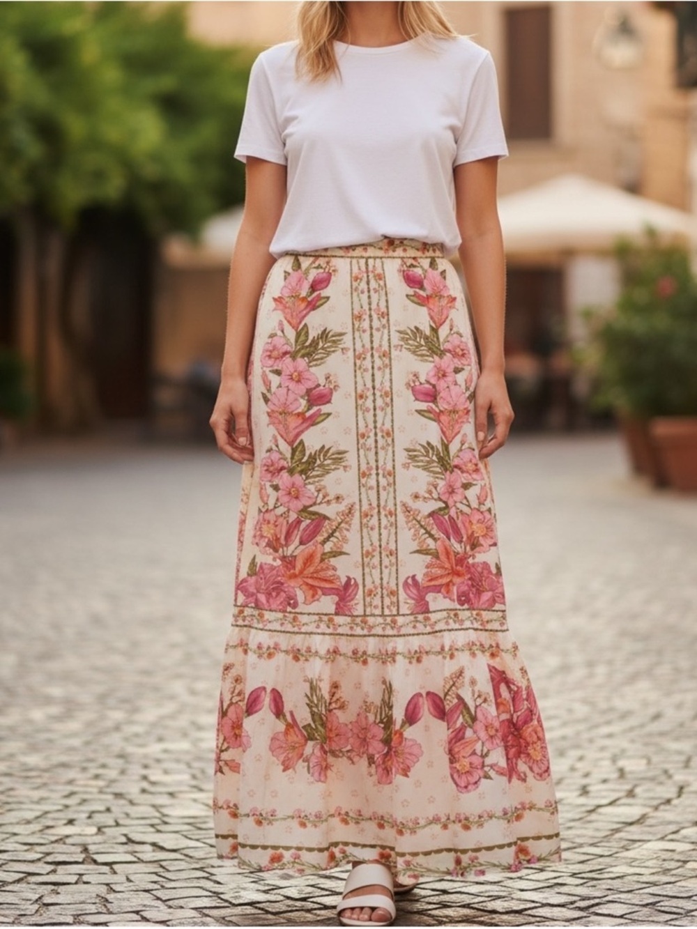 COMMENSE Pink Tropical Floral Print Ruffle Maxi Skirt- Size Medium